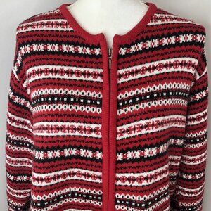 Jennifer Moore  Womens Full Zip Cardigan Sweater Size Large Red Black White Vtg